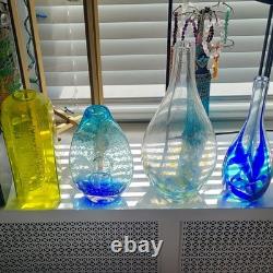 4pc MCM Art Glass Lot Cobalt Blue Yellow Swirl Controlled Bubble Vase Decor Set