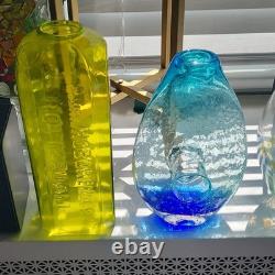 4pc MCM Art Glass Lot Cobalt Blue Yellow Swirl Controlled Bubble Vase Decor Set