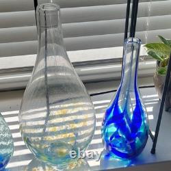 4pc MCM Art Glass Lot Cobalt Blue Yellow Swirl Controlled Bubble Vase Decor Set