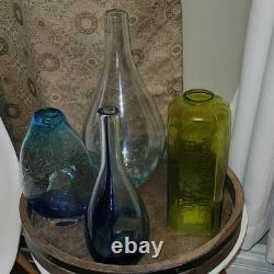 4pc MCM Art Glass Lot Cobalt Blue Yellow Swirl Controlled Bubble Vase Decor Set