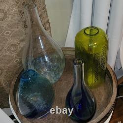 4pc MCM Art Glass Lot Cobalt Blue Yellow Swirl Controlled Bubble Vase Decor Set