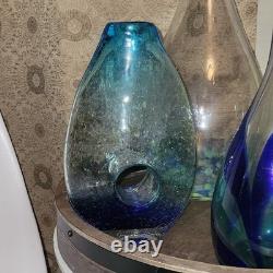 4pc MCM Art Glass Lot Cobalt Blue Yellow Swirl Controlled Bubble Vase Decor Set