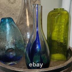 4pc MCM Art Glass Lot Cobalt Blue Yellow Swirl Controlled Bubble Vase Decor Set