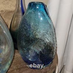 4pc MCM Art Glass Lot Cobalt Blue Yellow Swirl Controlled Bubble Vase Decor Set