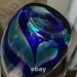 4pc MCM Art Glass Lot Cobalt Blue Yellow Swirl Controlled Bubble Vase Decor Set