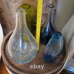 4pc MCM Art Glass Lot Cobalt Blue Yellow Swirl Controlled Bubble Vase Decor Set