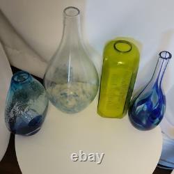 4pc MCM Art Glass Lot Cobalt Blue Yellow Swirl Controlled Bubble Vase Decor Set