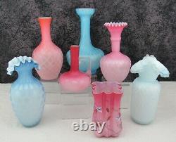 (7) Antique Mt. Washington Victorian Blue, Pink, & Peach MOP Satin Glass Vases