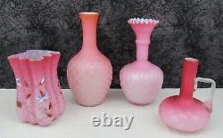 (7) Antique Mt. Washington Victorian Blue, Pink, & Peach MOP Satin Glass Vases