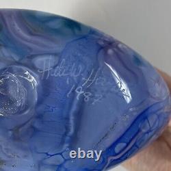 7 Vintage 1987 Signed Hand Blown Art Glass Abstract Vase Blue 1980s