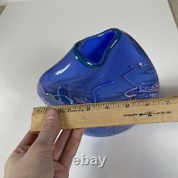 7 Vintage 1987 Signed Hand Blown Art Glass Abstract Vase Blue 1980s