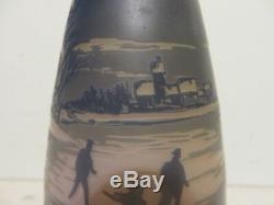 7H by 2-3/4W Authentic Blue Devez Vase Scenic Houses Sled & Skater Cameo Glass