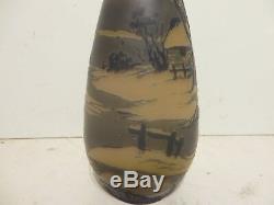 7H by 2-3/4W Authentic Blue Devez Vase Scenic Houses Sled & Skater Cameo Glass