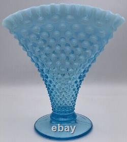 8 Fenton Hobnail Fan Vase Opalescent Blue Art Glass Ruffled Edge