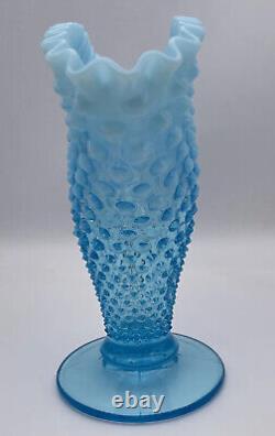 8 Fenton Hobnail Fan Vase Opalescent Blue Art Glass Ruffled Edge