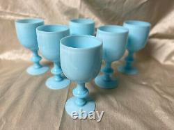 8 Goblets Portieux Vallerysthal PV French Antique Blue Opaline Milk Glass