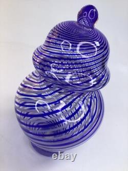 8 Vintage blue Art Glass Trinket Lidded vase Box Swirl Signed (A1)