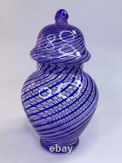 8 Vintage blue Art Glass Trinket Lidded vase Box Swirl Signed (A1)