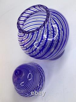 8 Vintage blue Art Glass Trinket Lidded vase Box Swirl Signed (A1)