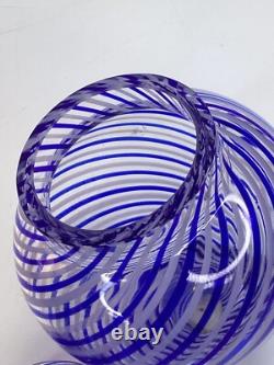 8 Vintage blue Art Glass Trinket Lidded vase Box Swirl Signed (A1)
