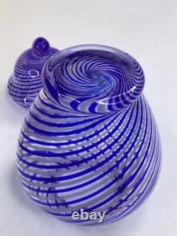 8 Vintage blue Art Glass Trinket Lidded vase Box Swirl Signed (A1)