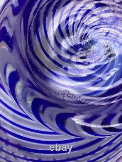 8 Vintage blue Art Glass Trinket Lidded vase Box Swirl Signed (A1)