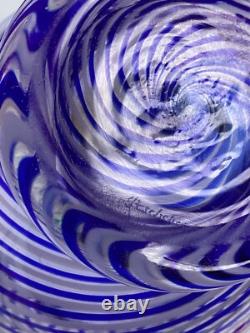 8 Vintage blue Art Glass Trinket Lidded vase Box Swirl Signed (A1)
