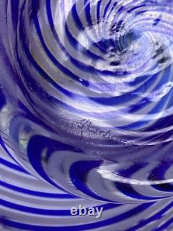 8 Vintage blue Art Glass Trinket Lidded vase Box Swirl Signed (A1)
