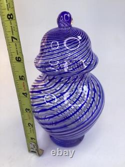 8 Vintage blue Art Glass Trinket Lidded vase Box Swirl Signed (A1)
