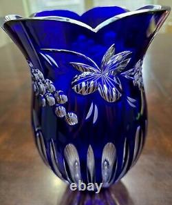 9.75 High Cobalt Blue/Clear Lead Crystal Vase Bohemian Grapes & Leaves Gorgeous