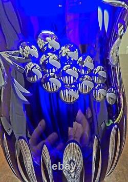 9.75 High Cobalt Blue/Clear Lead Crystal Vase Bohemian Grapes & Leaves Gorgeous