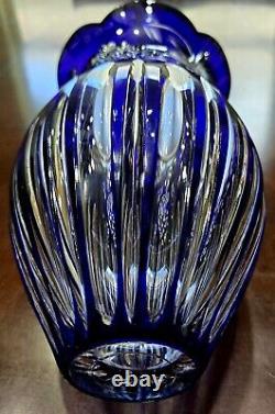 9.75 High Cobalt Blue/Clear Lead Crystal Vase Bohemian Grapes & Leaves Gorgeous