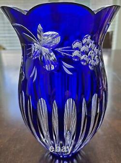 9.75 High Cobalt Blue/Clear Lead Crystal Vase Bohemian Grapes & Leaves Gorgeous