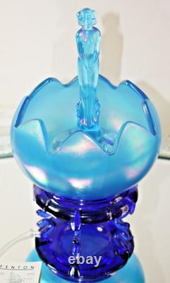 90th Fenton Iridescent Celeste Blue Bowl with Morning Nymph, Flower frog & stand
