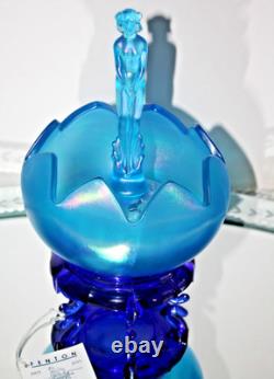 90th Fenton Iridescent Celeste Blue Bowl with Morning Nymph, Flower frog & stand