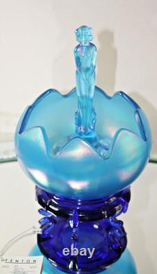 90th Fenton Iridescent Celeste Blue Bowl with Morning Nymph, Flower frog & stand