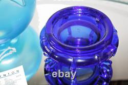 90th Fenton Iridescent Celeste Blue Bowl with Morning Nymph, Flower frog & stand