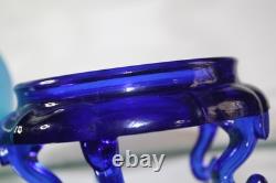 90th Fenton Iridescent Celeste Blue Bowl with Morning Nymph, Flower frog & stand