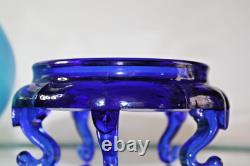 90th Fenton Iridescent Celeste Blue Bowl with Morning Nymph, Flower frog & stand