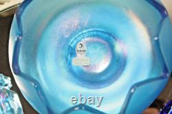 90th Fenton Iridescent Celeste Blue Bowl with Morning Nymph, Flower frog & stand