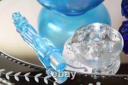 90th Fenton Iridescent Celeste Blue Bowl with Morning Nymph, Flower frog & stand