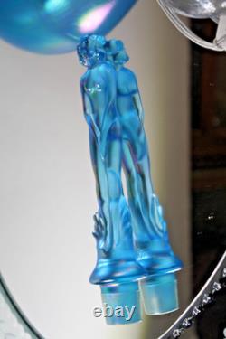90th Fenton Iridescent Celeste Blue Bowl with Morning Nymph, Flower frog & stand