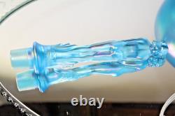 90th Fenton Iridescent Celeste Blue Bowl with Morning Nymph, Flower frog & stand