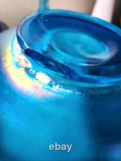 90th Fenton Iridescent Celeste Blue Bowl with Morning Nymph, Flower frog & stand