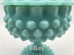 A120ce VTG Fenton Glass Turquoise Blue Hobnail Candy Dish Ruffled Edge Pedestal