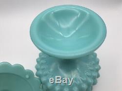 A120ce VTG Fenton Glass Turquoise Blue Hobnail Candy Dish Ruffled Edge Pedestal
