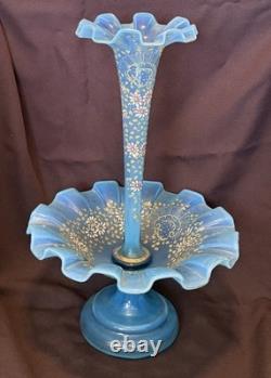 ANTIQUE Blue Opalescent Glass EPERGNE Hand Painted FLORAL 16.75 Two Piece