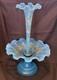 ANTIQUE Blue Opalescent Glass EPERGNE Hand Painted FLORAL 16.75 Two Piece