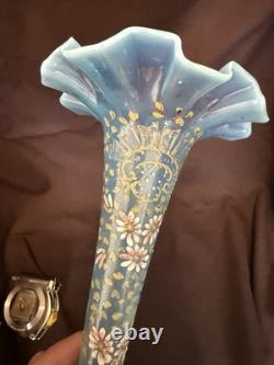 ANTIQUE Blue Opalescent Glass EPERGNE Hand Painted FLORAL 16.75 Two Piece