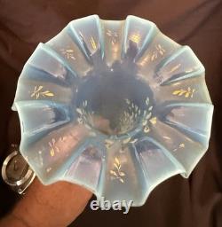 ANTIQUE Blue Opalescent Glass EPERGNE Hand Painted FLORAL 16.75 Two Piece